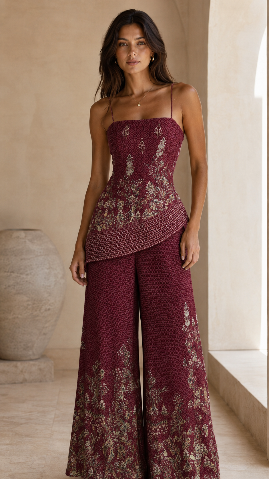 Floral Jacquard Cami Top & Wide-Leg Pants Set