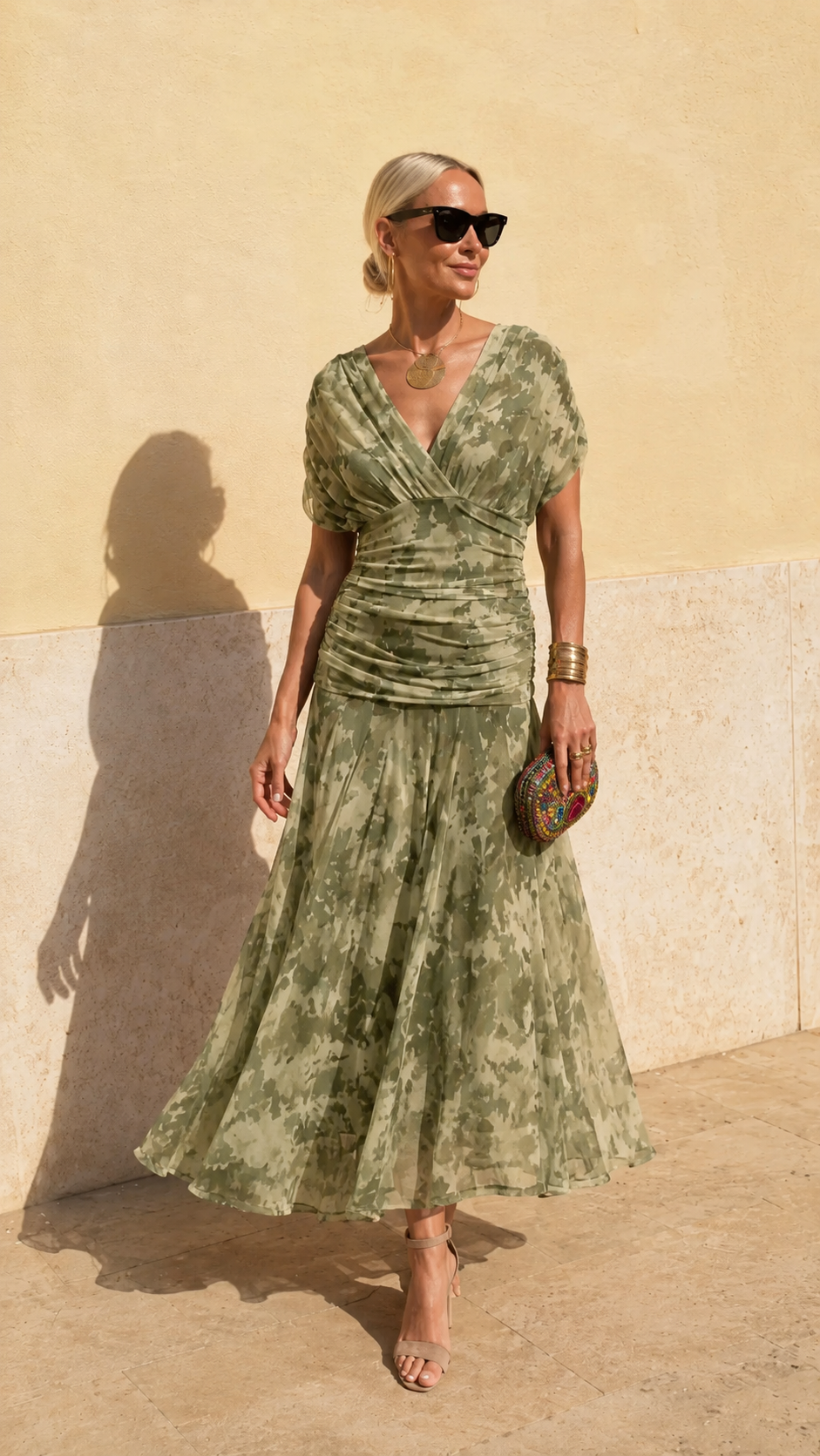 Ruched V-Neck Printed Chiffon Midi Dress