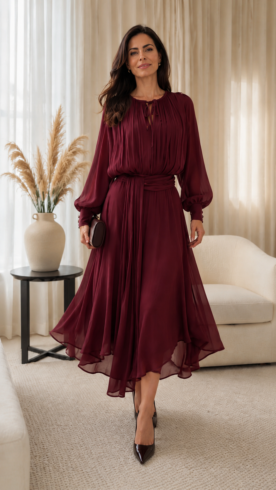 Pleated Chiffon Midi Dress with Waist Sash
