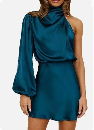Satin Long Sleeve One-shoulder Elegant Dress