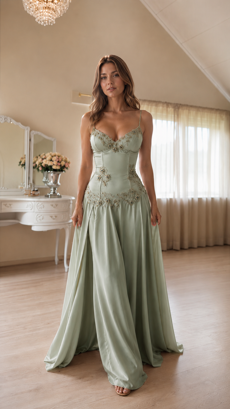 romantic embellished satin maxi dress