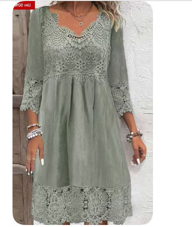Flowers Lace Dress Summer Solid Color Womens Clothing