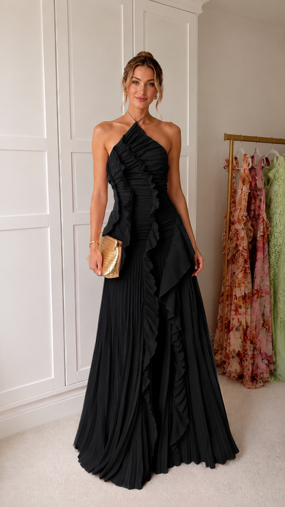 asymmetric pleated halter maxi dress