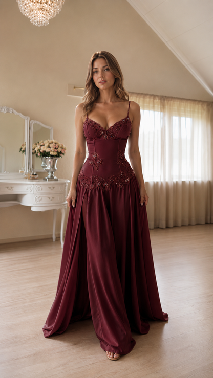 romantic embellished satin maxi dress