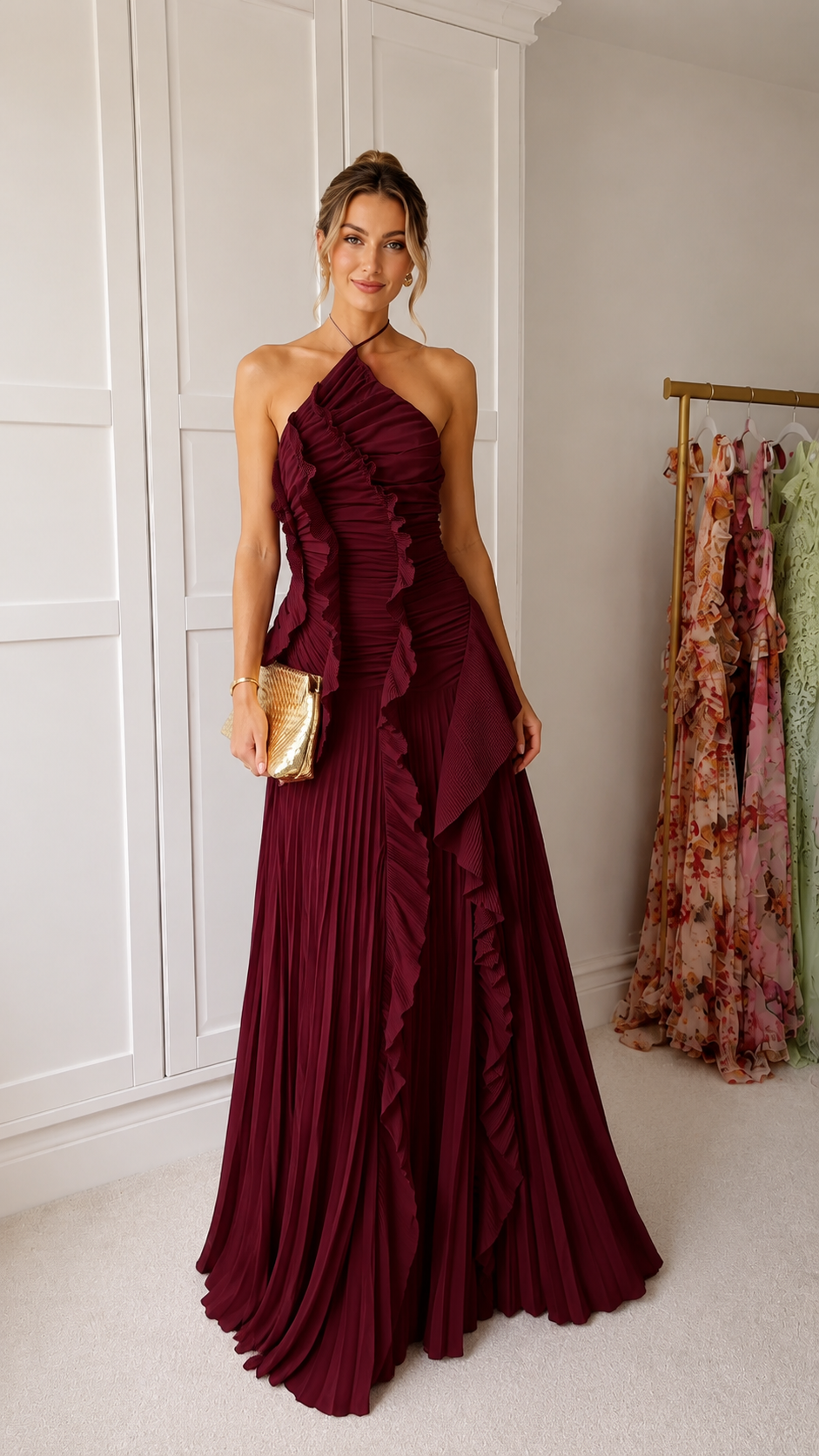 asymmetric pleated halter maxi dress