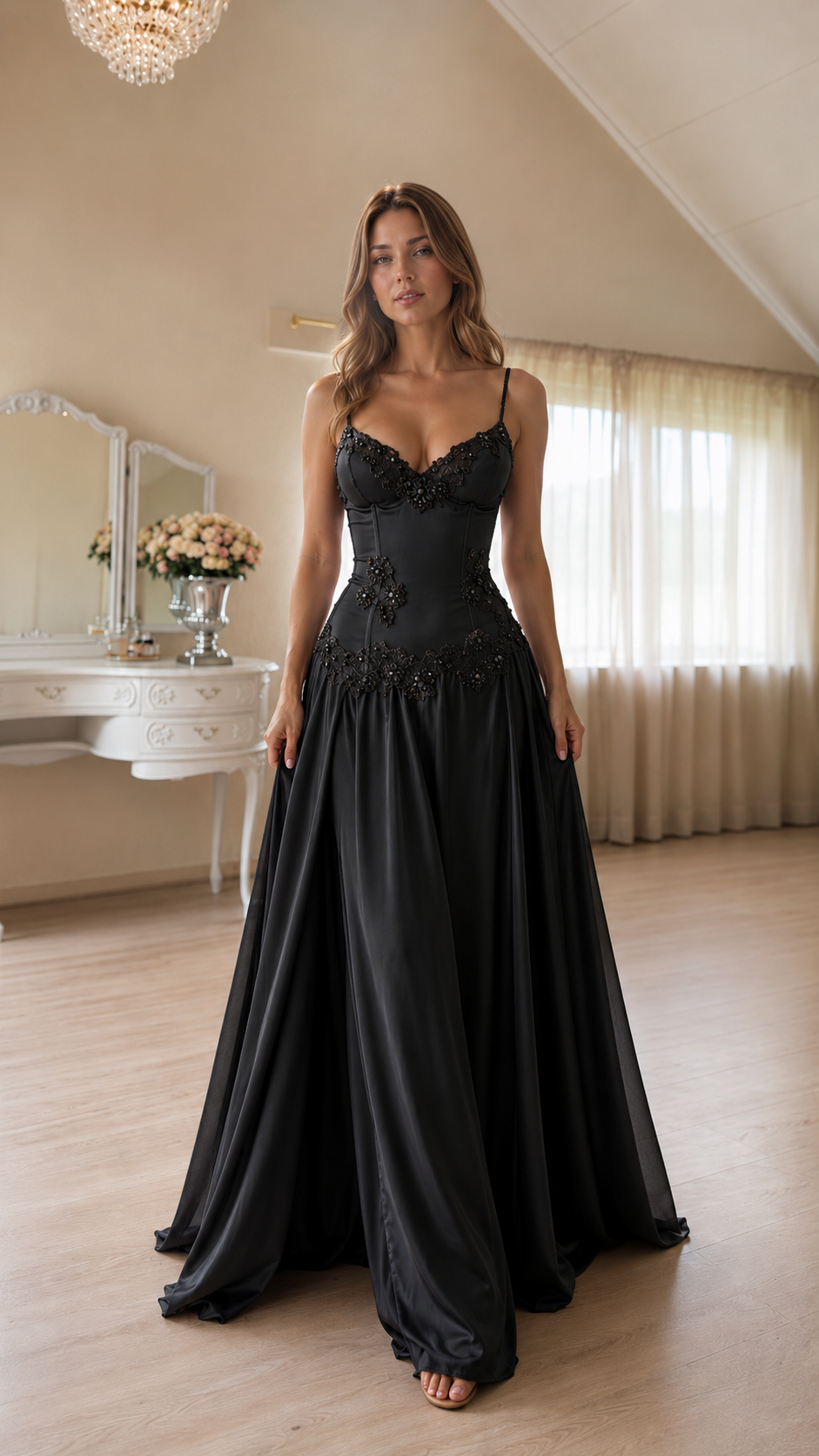 romantic embellished satin maxi dress