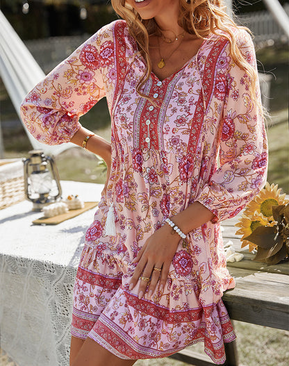 Boho Print Button V-Neck Long Sleeve Fringe Dress