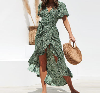 V-Neck Irregular High-Rise Lace-up Chiffon Print Skirt