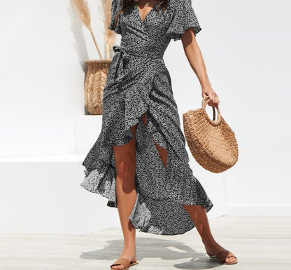 V-Neck Irregular High-Rise Lace-up Chiffon Print Skirt