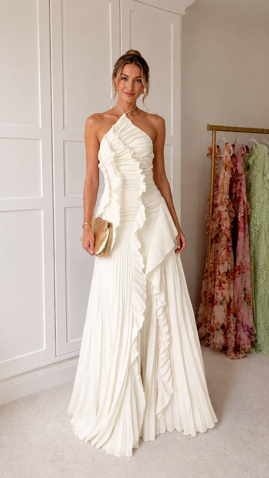 asymmetric pleated halter maxi dress