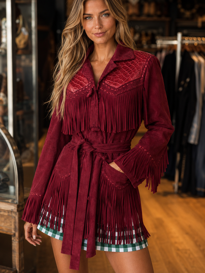 fringe belted suede-look jacket