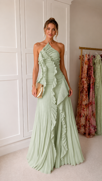 asymmetric pleated halter maxi dress