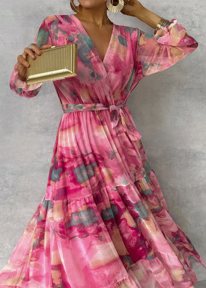 Long-sleeved Floral Print Dress Elegant V-neck Pleated High-waisted Big Swing Chiffon Maxi Dresses For Women Clothing
