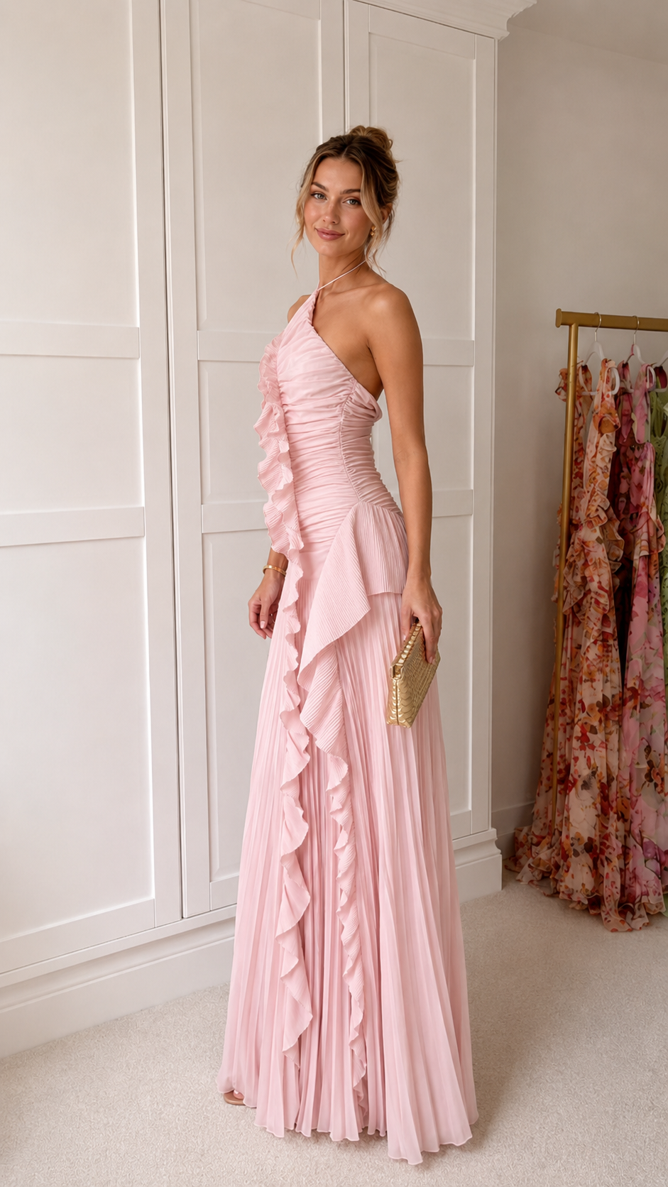 asymmetric pleated halter maxi dress