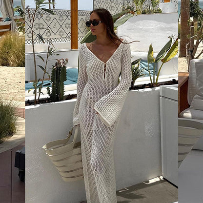 Solid Color Knitted Hollow-out Beach Swimsuit Blouse Sun-proof Women's Skirt