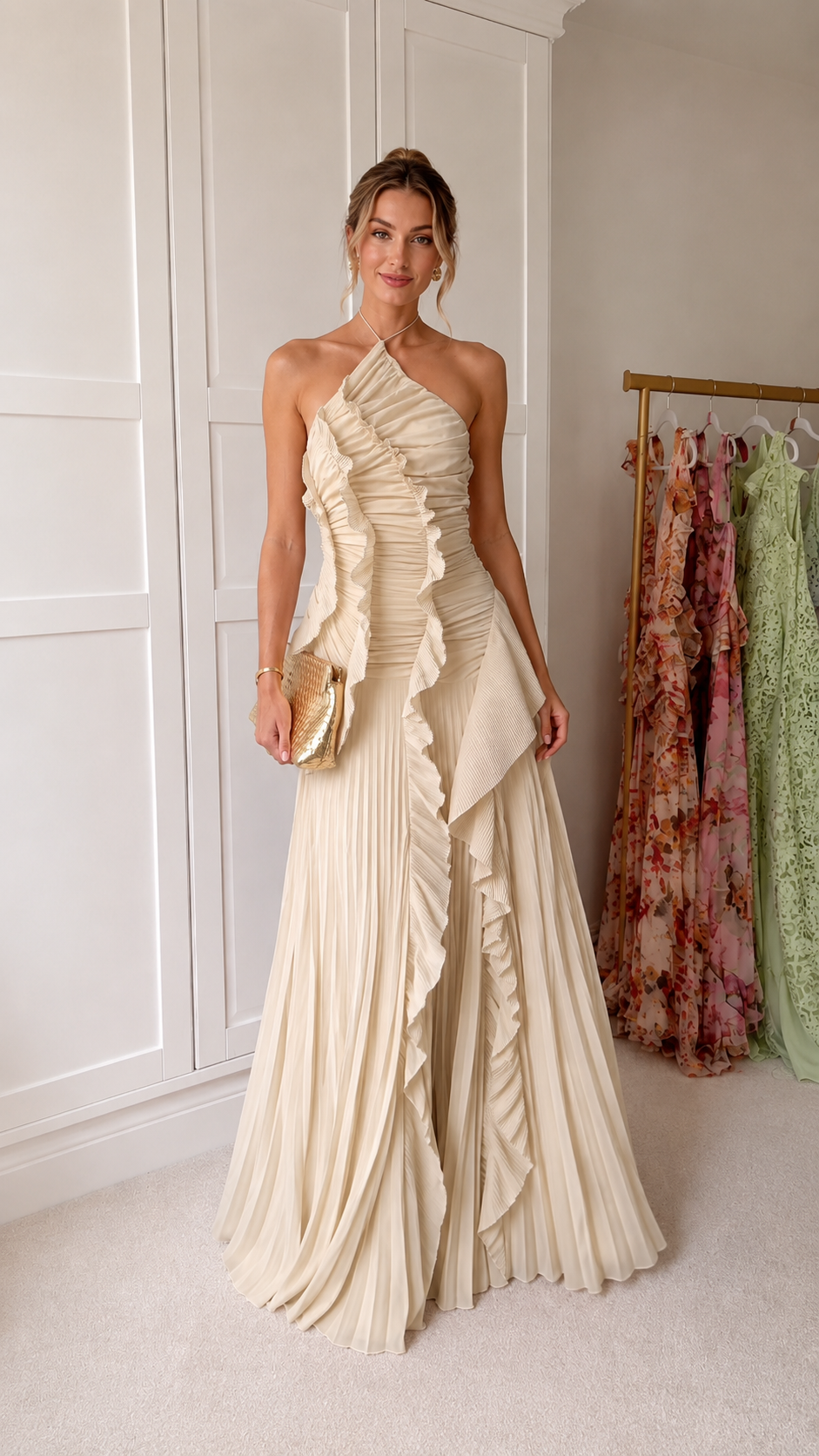 asymmetric pleated halter maxi dress