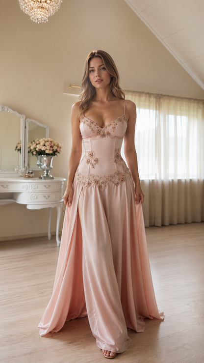 romantic embellished satin maxi dress