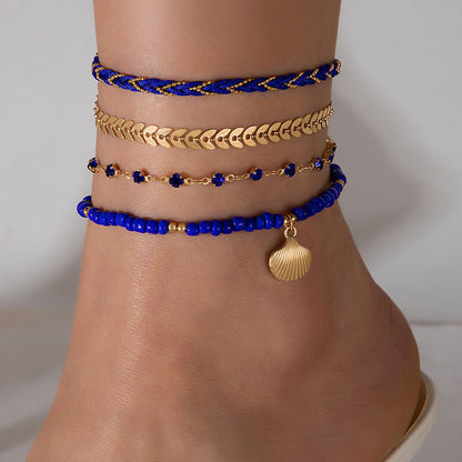4pcs Set Bohemian Woven Rope Foot Chain For Men And Women Geometric Alloy Black Beads Dropping Oil Anklet Set Summer Fashion Jewelry