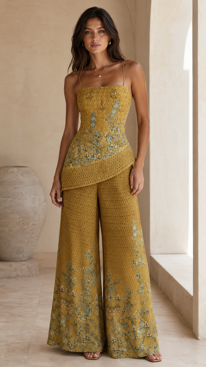 Floral Jacquard Cami Top & Wide-Leg Pants Set