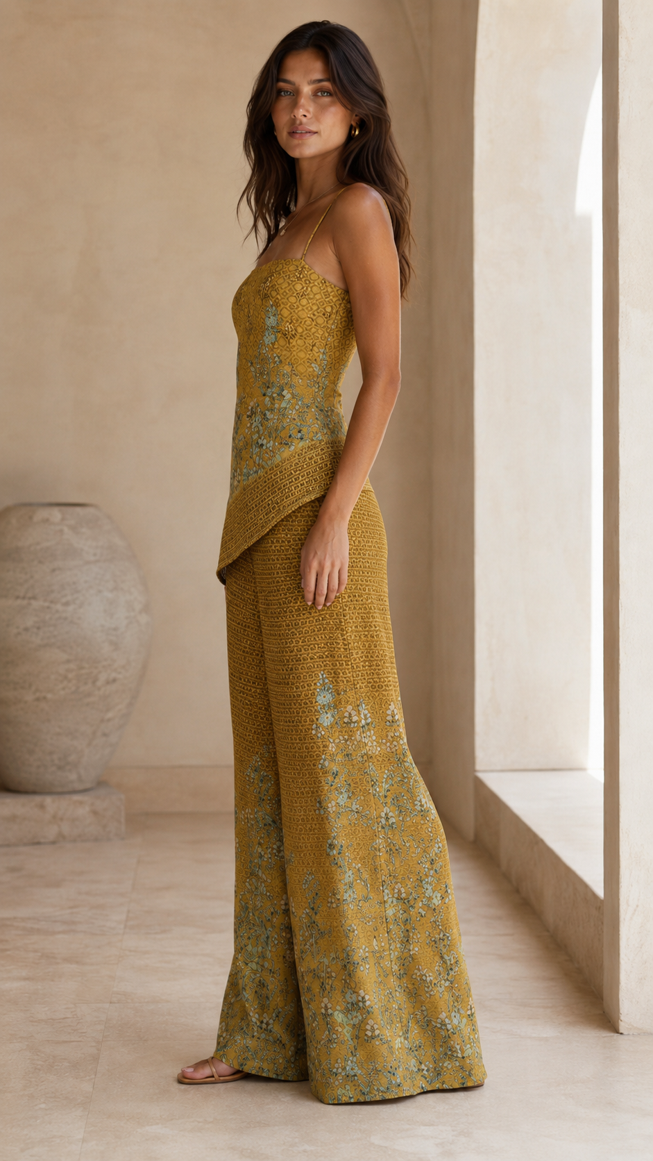 Floral Jacquard Cami Top & Wide-Leg Pants Set