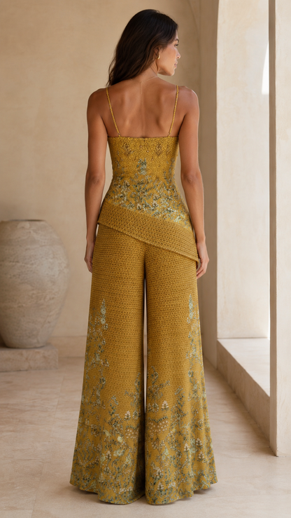 Floral Jacquard Cami Top & Wide-Leg Pants Set