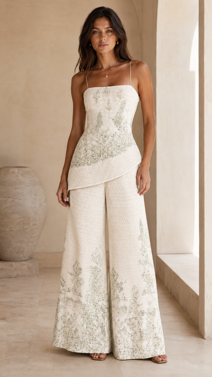 Floral Jacquard Cami Top & Wide-Leg Pants Set