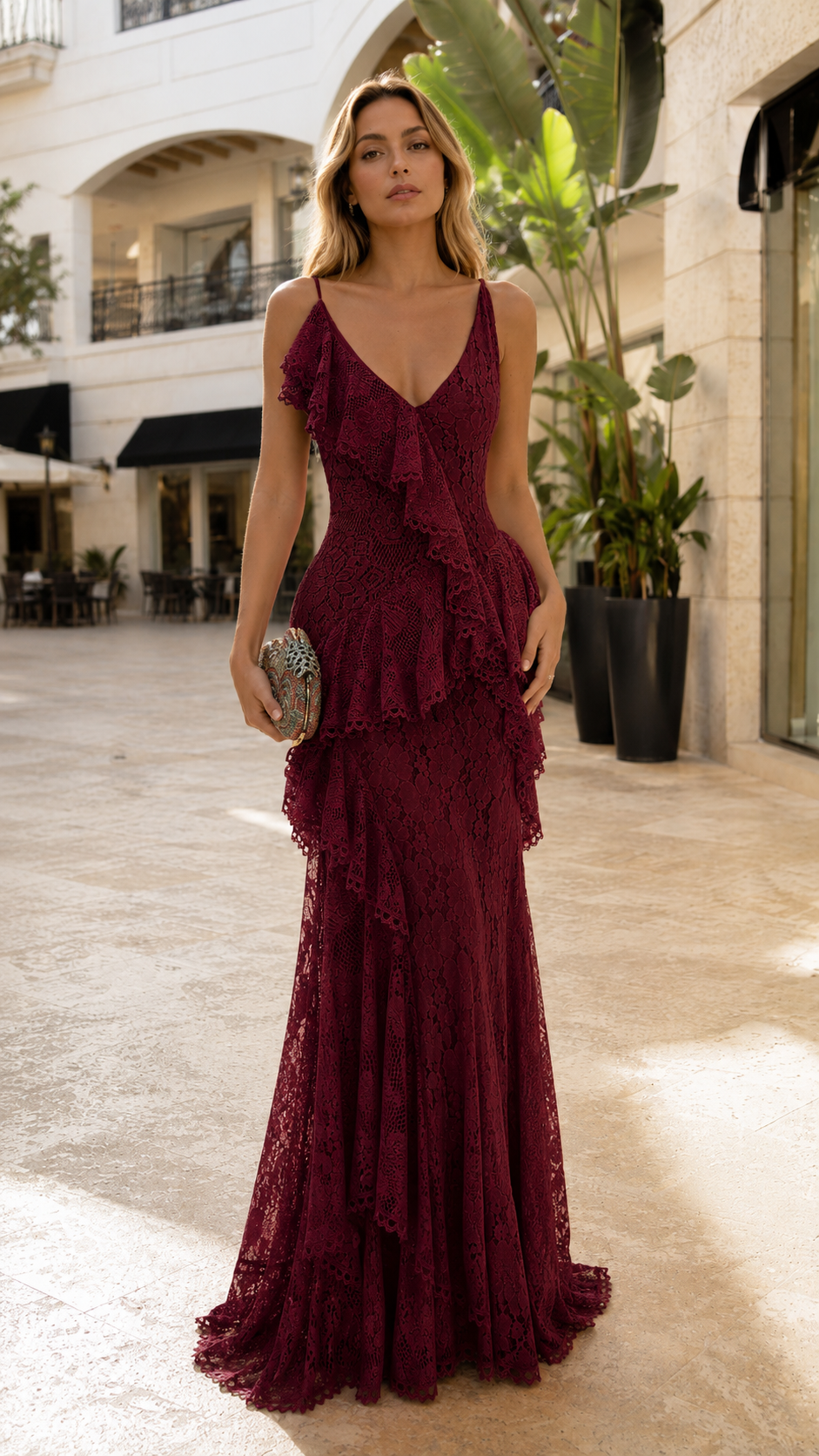 Asymmetric Ruffle Lace Maxi Dress