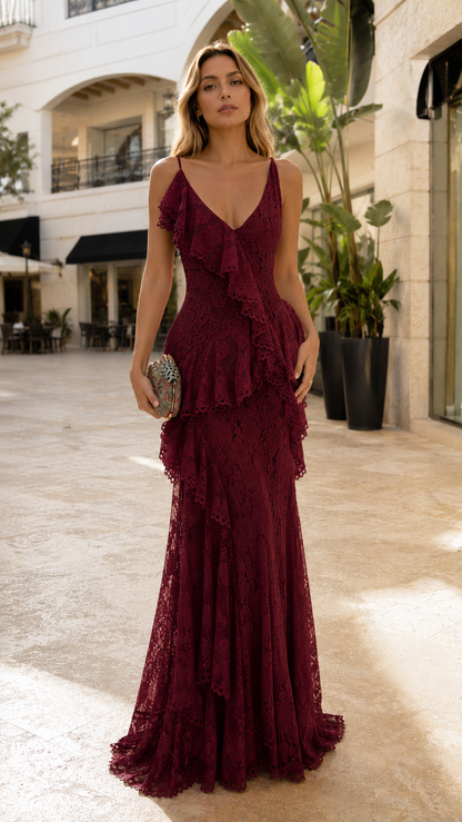 Asymmetric Ruffle Lace Maxi Dress