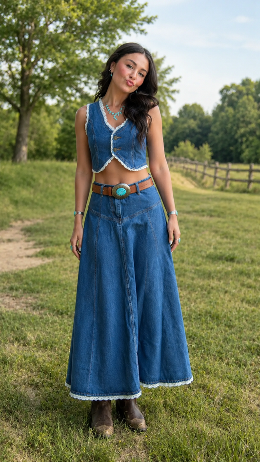 Denim Lace-Trim Vest & Maxi Skirt Two-Piece Set