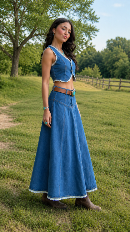 Denim Lace-Trim Vest & Maxi Skirt Two-Piece Set