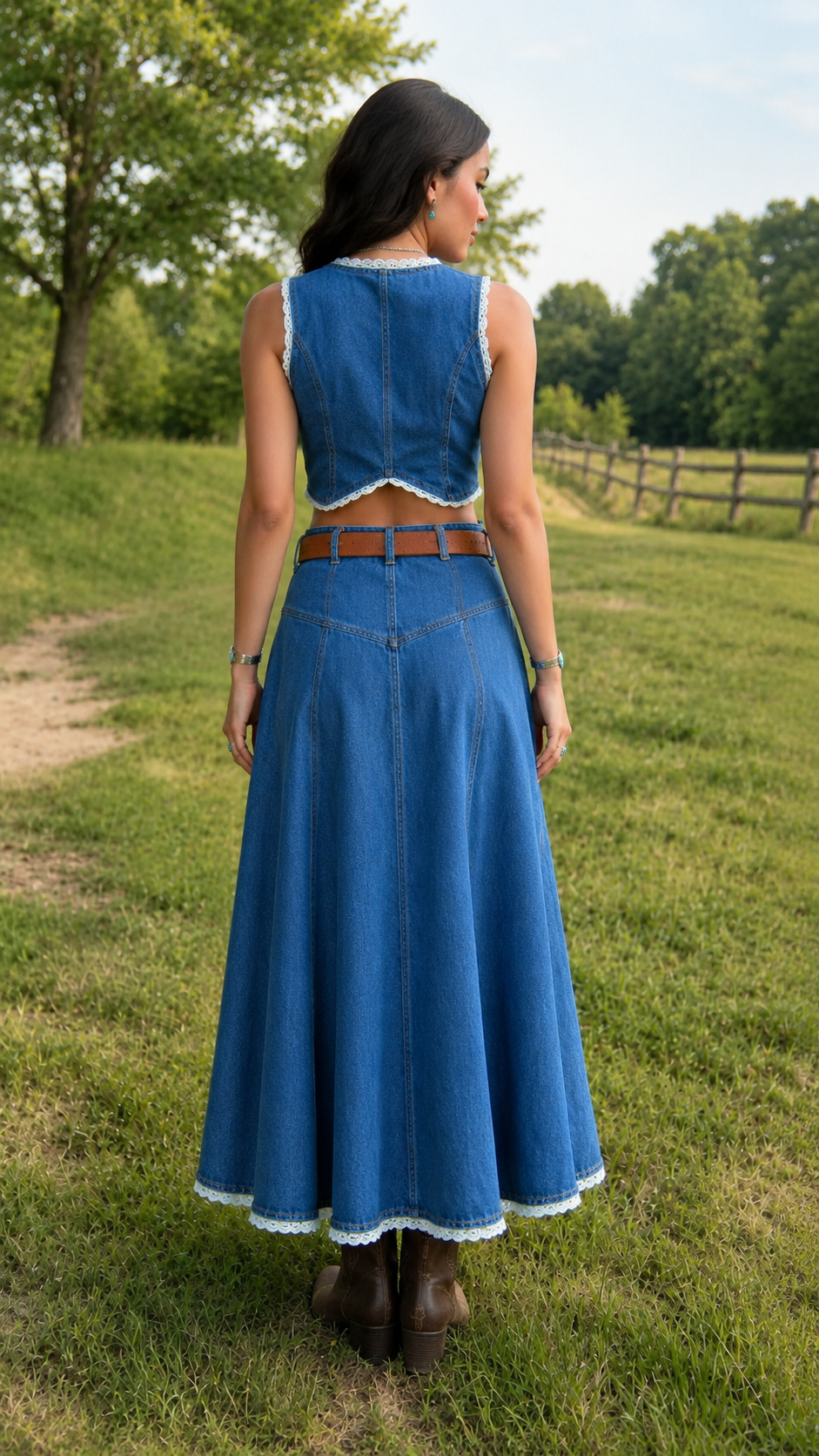 Denim Lace-Trim Vest & Maxi Skirt Two-Piece Set