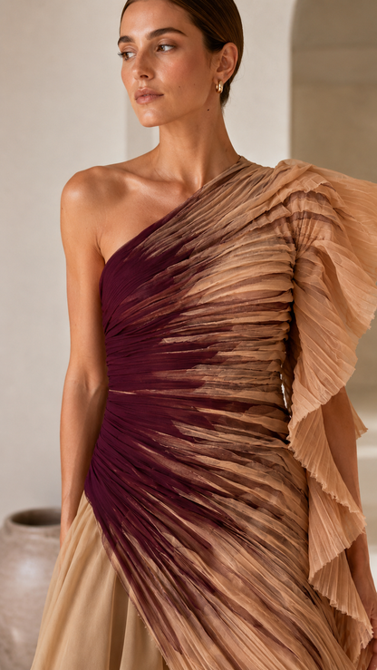 One-Shoulder Pleated Ruffle Mini Dress