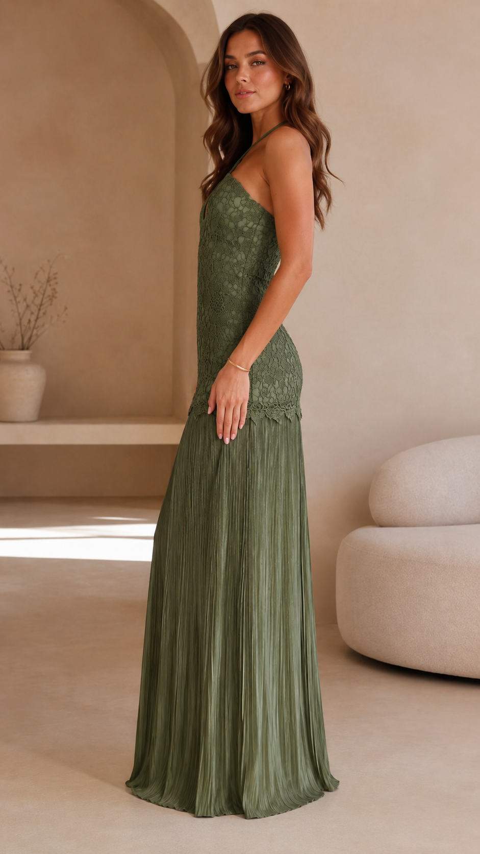 Halter Lace Bodice Pleated Maxi Dress