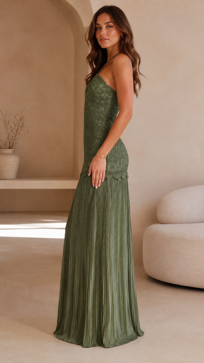 Halter Lace Bodice Pleated Maxi Dress