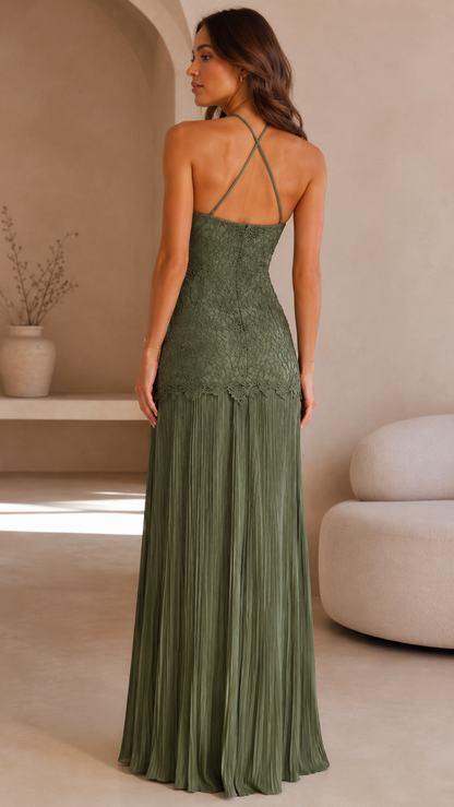 Halter Lace Bodice Pleated Maxi Dress