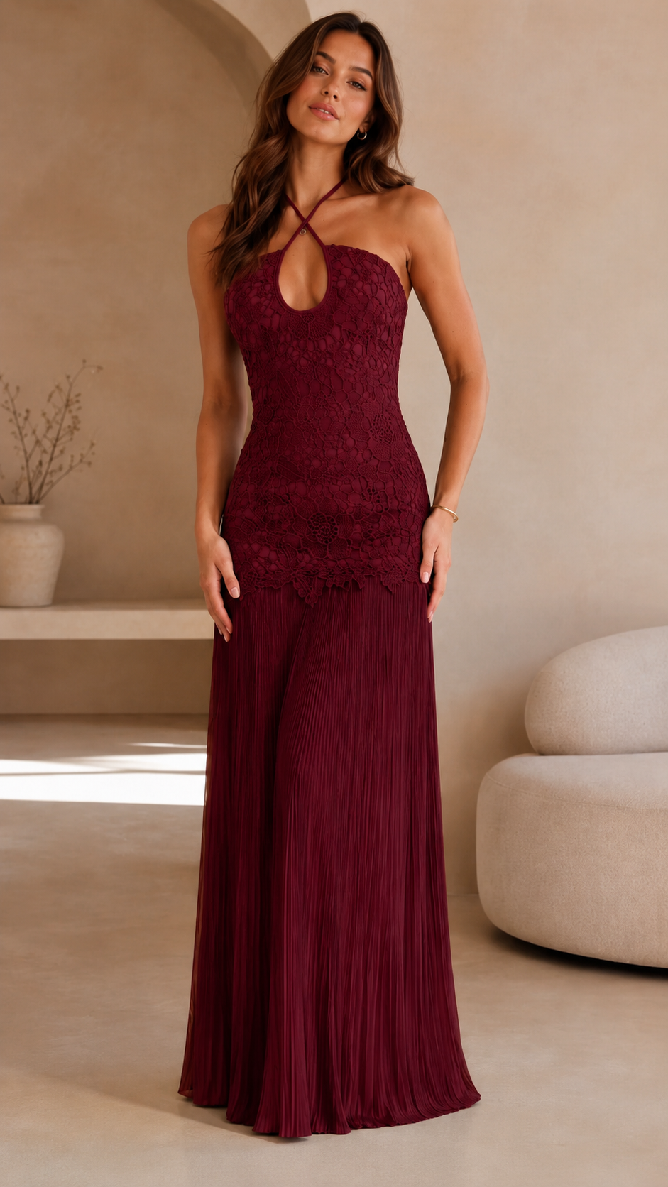 Halter Lace Bodice Pleated Maxi Dress