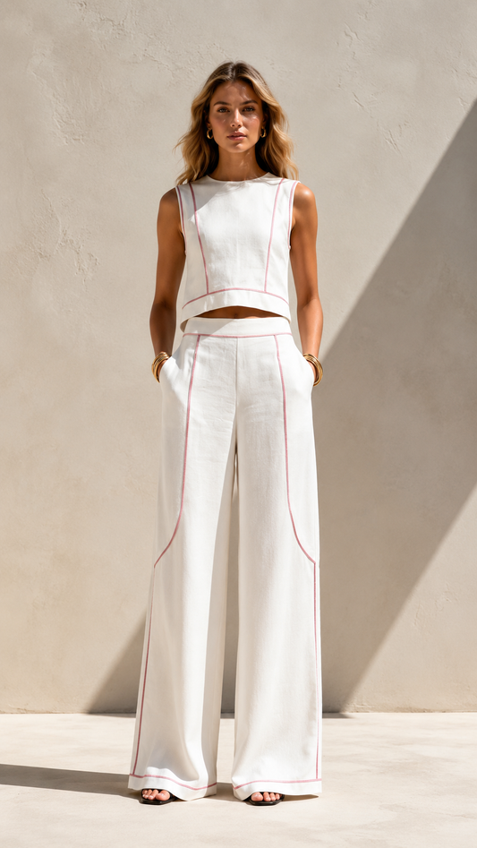 Contrast Piping Cropped Top & Wide-Leg Pants Set