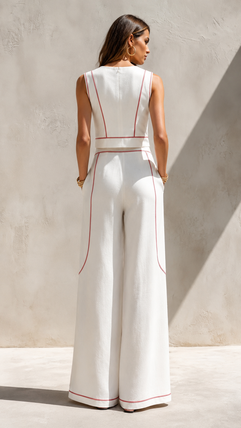 Contrast Piping Cropped Top & Wide-Leg Pants Set