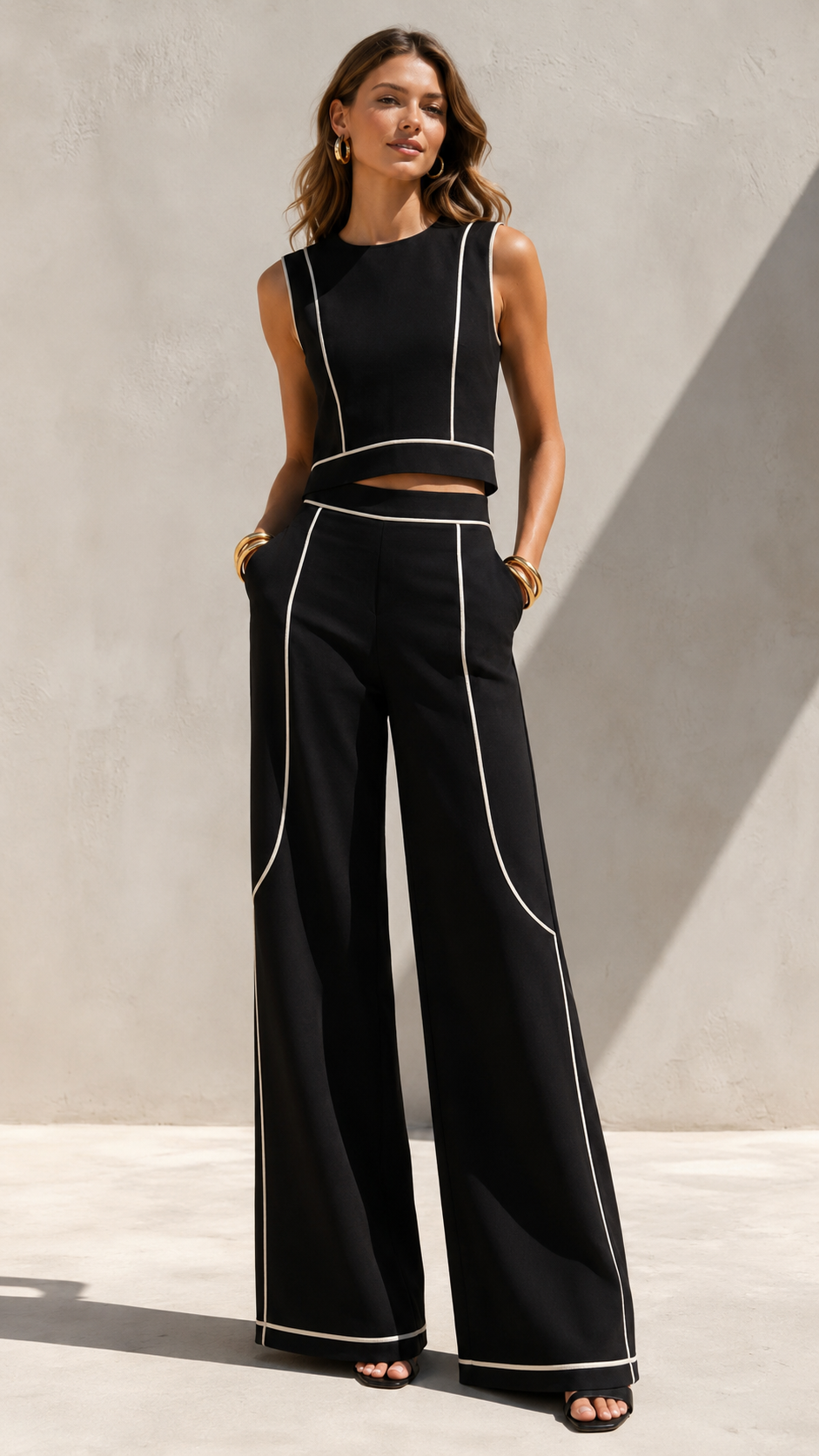 Contrast Piping Cropped Top & Wide-Leg Pants Set