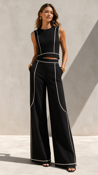 Contrast Piping Cropped Top & Wide-Leg Pants Set