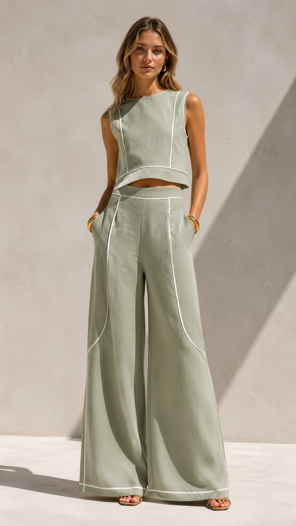 Contrast Piping Cropped Top & Wide-Leg Pants Set