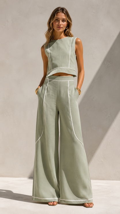Contrast Piping Cropped Top & Wide-Leg Pants Set