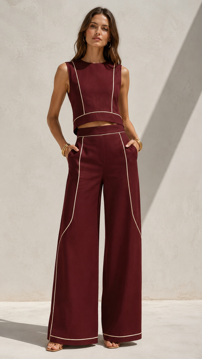 Contrast Piping Cropped Top & Wide-Leg Pants Set