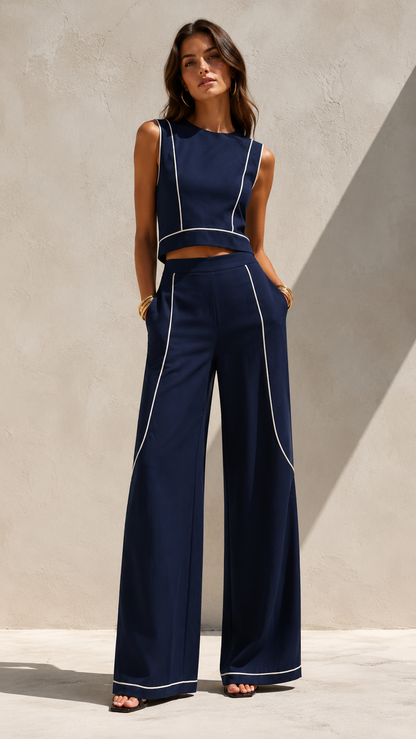 Contrast Piping Cropped Top & Wide-Leg Pants Set