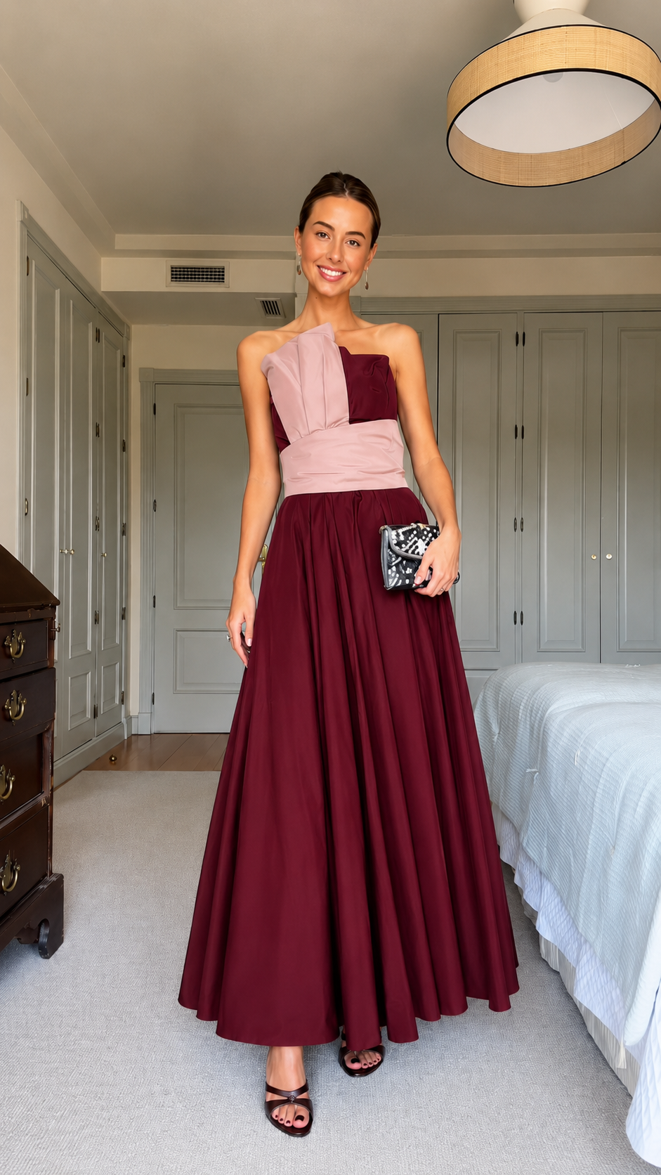 Colorblock Strapless Pleated Maxi Dress