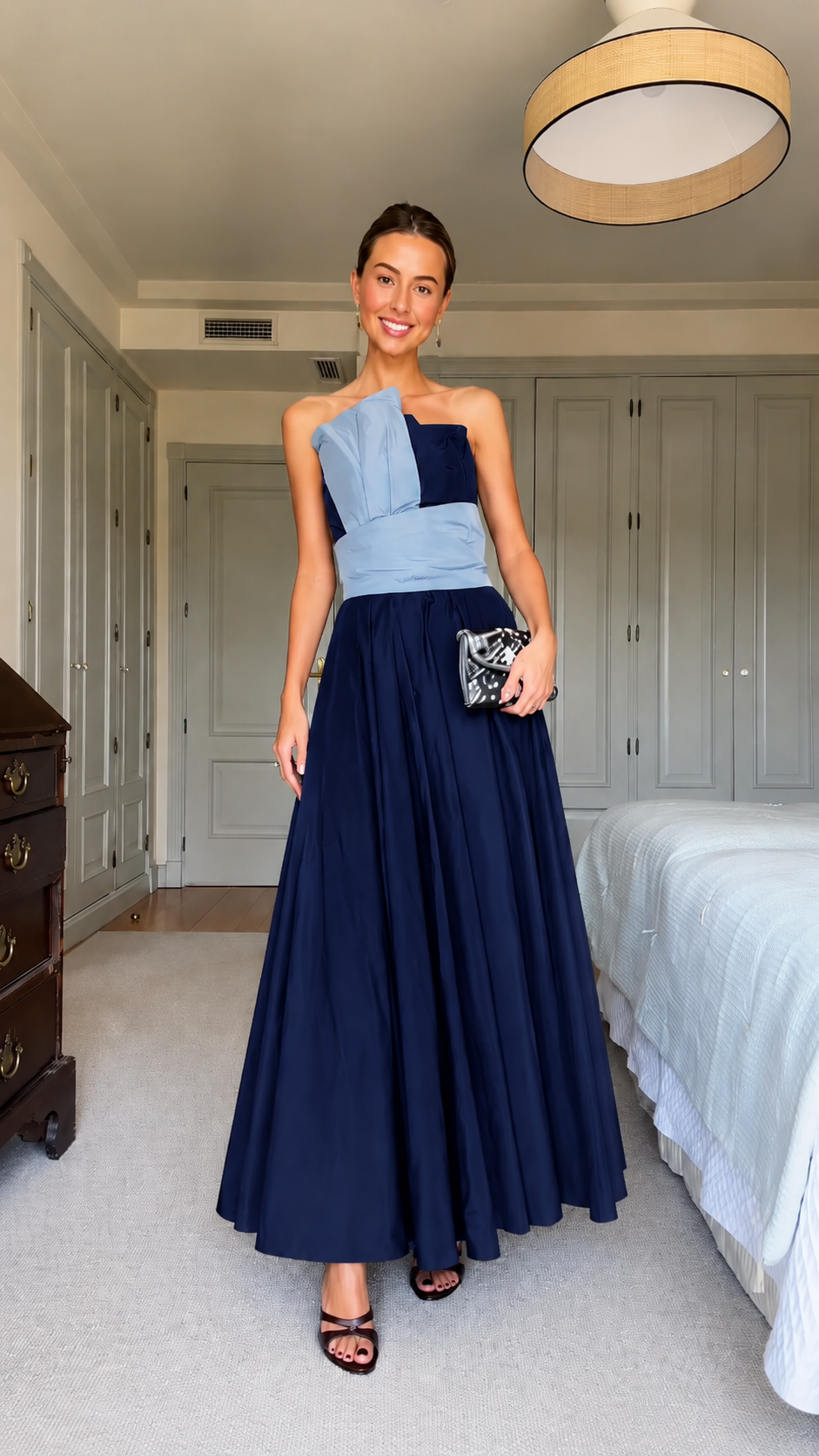 Colorblock Strapless Pleated Maxi Dress