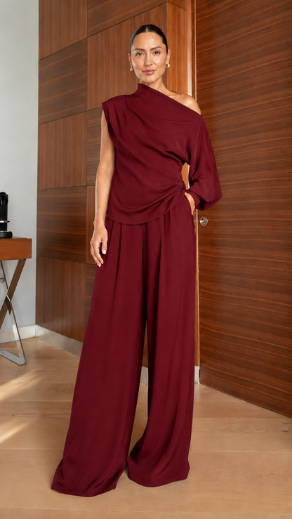 Asymmetric One-Shoulder Draped Top & Wide-Leg Pants Set