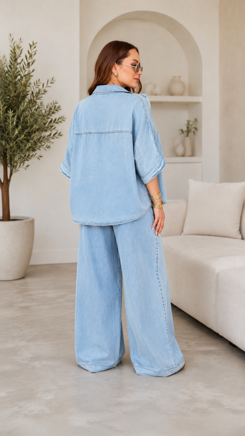 Relaxed Washed Denim Shirt & Wide-Leg Pants Set