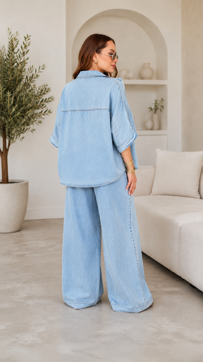 Relaxed Washed Denim Shirt & Wide-Leg Pants Set