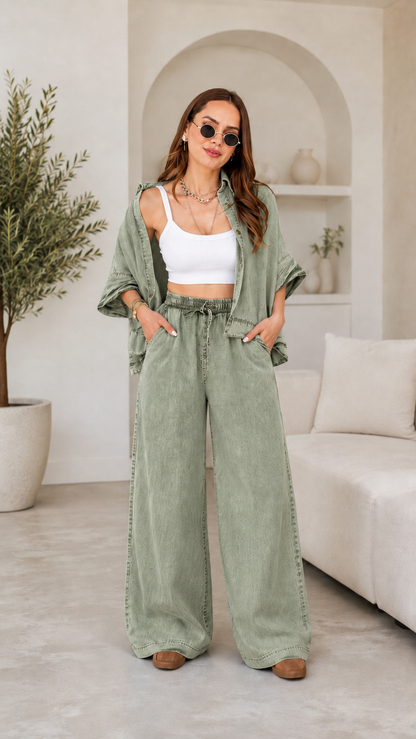 Relaxed Washed Denim Shirt & Wide-Leg Pants Set